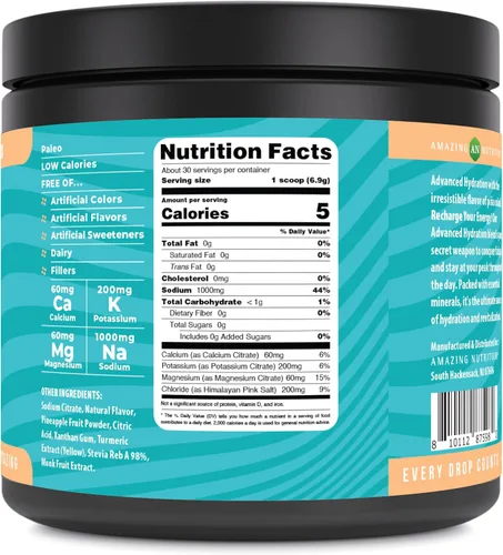 Miniatura 2 de Amazing Nutrition Hidratación avanzada, polvo de electrolitos, 30 porciones, empaquetado con minerales esenciales, sin azúcar, apto para dieta