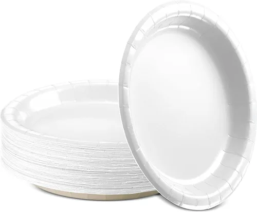 Amcrate Platos llanos de papel blancos, platos de papel desechables de 8 1/2 pulgadas, platos desechables fuertes y resistentes para fiestas, cenas,