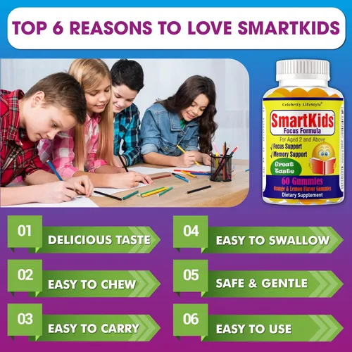 Miniatura 3 de SmartKids - Gomitas de refuerzo cerebral para niños y adolescentes, suplemento cerebral, vitaminas en gomitas para niños con enfoque cerebral, DHA