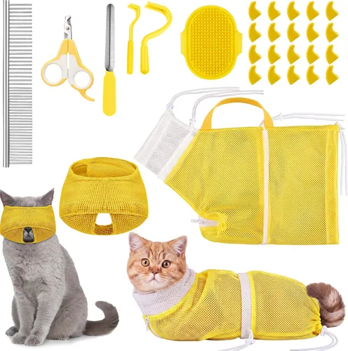 Miniatura 9 de Juego de 9 Piezas de Bolsa de Baño para Gatos, Bolsa de Ducha para Gatos Anti Mordeduras y Arañazos para Aseo de Mascotas, Cepillo de Lavado, Peine