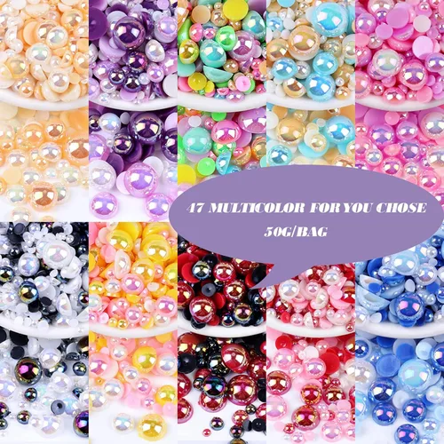 Miniatura 4 de Perlas con parte trasera plana para manualidades, 50g Mezcla Azul Rosa Blanco Medias perlas para manualidades, Tamaño mixto 3/4/5/6/8/10mm Perlas