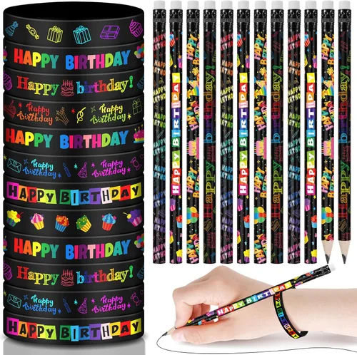 Miniatura 7 de Sabary Juego de 48 pulseras de goma para lápices de feliz cumpleaños, recuerdos de fiesta de cumpleaños, pulseras de silicona para niños, Arcoír