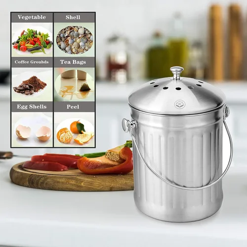 Miniatura 5 de NewlineNY - Cubo de compost de acero inoxidable para encimera de cocina, cubo de reciclaje de 1.3 galones con 2 filtros de carbón