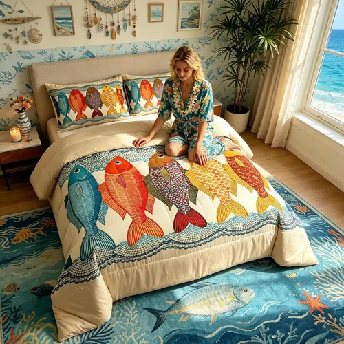 Miniatura 39 de Manfei Go Fishing Juego de edredón tamaño King para niños, juego de ropa de cama con diseño geométrico de peces de bass y rombos, decoración