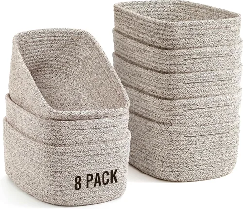 Miniatura 9 de Paquete de 8 cestas de almacenamiento pequeñas para organizar, cubos de cuerda tejida para baño, armario, organizador de estantes, bonita caja Negro
