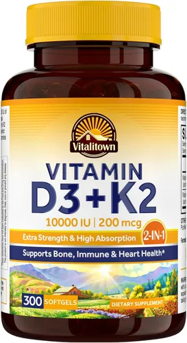 Suplemento de Vitamina D3 K2 Vitalitown, Vitamina D3 10000 UI Vitamina K2 (MK7) 200 mcg, 300 Cápsulas Blandas, Sin GMO, Sin Gluten y Soya, para la