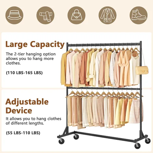Miniatura 8 de Hoctieon Estante de doble barra Z, estantes de ropa rodantes con base en Z, perchero ajustable para ropa, perchero de pie para ropa de pie, perchero