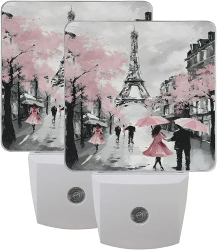 ALAZA Paquete de 2 luces LED de noche Art Paris Street Eiffel, color rosa, floral, sensor de atardecer a amanecer, enchufable, decoración del hogar,