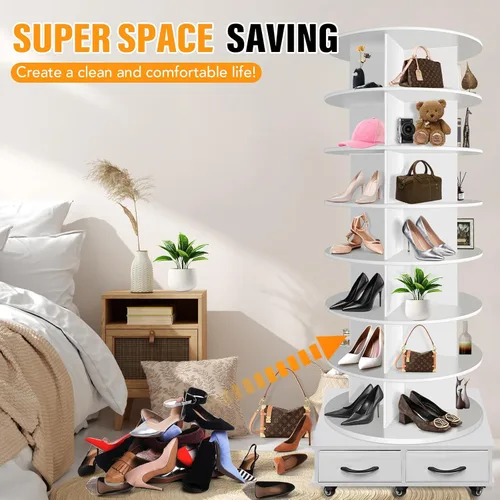 Miniatura 6 de Torre de estante giratorio para zapatos de 8 niveles contiene 2 cajones, Estante giratorio para zapatos Display Lazy Susan, Estantes giratorios