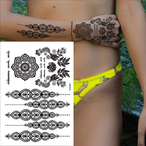 Miniatura 8 de 6 hojas de tatuajes temporales de henna negra para mujeres y niñas, calcomanías de tatuaje falsas de encaje, misterioso, sexy, mandala, flor, diseño