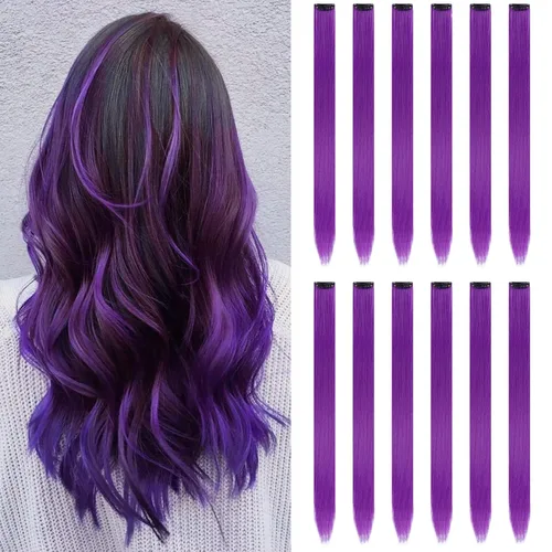 Miniatura 18 de Paquete de 12 extensiones de cabello de colores arcoíris, mechones para fiestas, 22 pulgadas, extensiones de cabello coloridas con clip, mechones