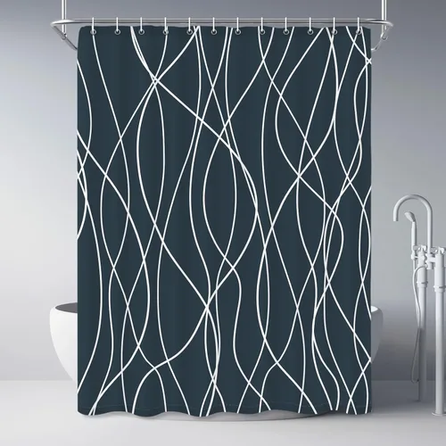 Miniatura 68 de Juego de cortinas de ducha azul egeo para baño con ganchos, cortinas de baño decorativas repelentes al agua y lavables con rayas blancas, 72 x 72