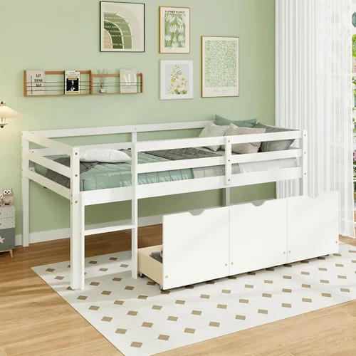 Miniatura 11 de Giantex Cama alta individual con tobogán, cama baja de madera para niños, escalera de escalada y espacio de almacenamiento, cama individual