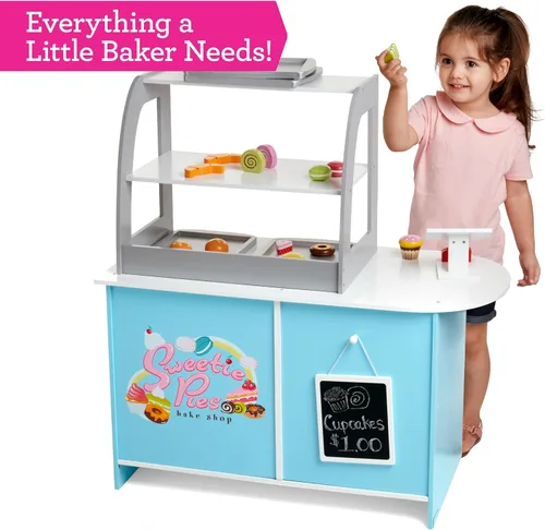 Miniatura 8 de Juego de madera para panadería, soporte de simulación para niños, 25 piezas para pastelería, mostrador de café con alimentos, donas, pasteles