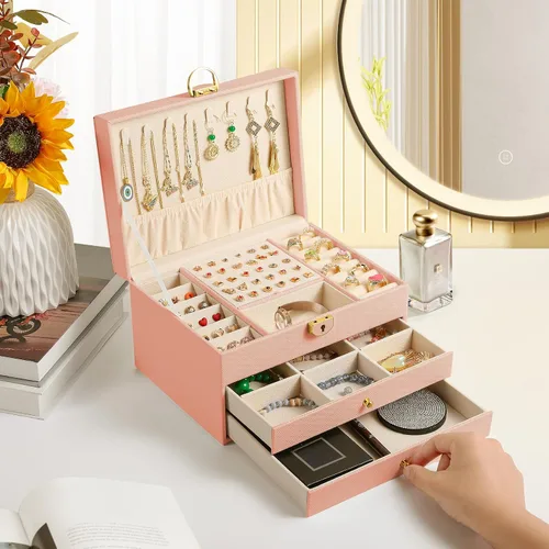 coobest Joyero de 3 capas, organizador de joyas con cajón organizador de joyas, cajas de joyería grandes y organizador con organizador de aretes de