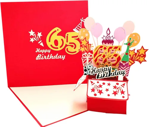 iGifts And Cards Tarjeta de felicitación emergente 3D con caja de fiesta de cumpleaños número 65 color rojo de feliz 65 años – Sesenta y cinco,