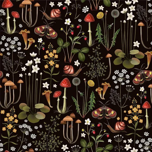 Papel de contacto Boho negro de despegar y pegar con diseño de setas/caracoles/flores silvestres/mariposas, papel pintado extraíble decorativo de