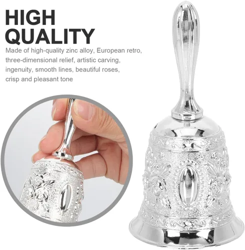 Miniatura 6 de Vaguelly Campana de mano decorativa pequeña de 4.52 x 2.08 x 2.08 pulgadas, accesorio de instrumento musical plateado para escuela, educación, Plata
