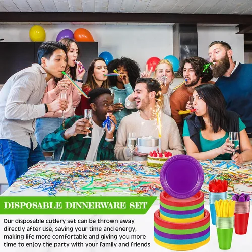 Miniatura 6 de Uiifan El juego de vajilla de plástico multicolor de 300 piezas incluye 50 platos llanos, 50 platos de aperitivo, 50 tazas, 50 cuchillos, 50