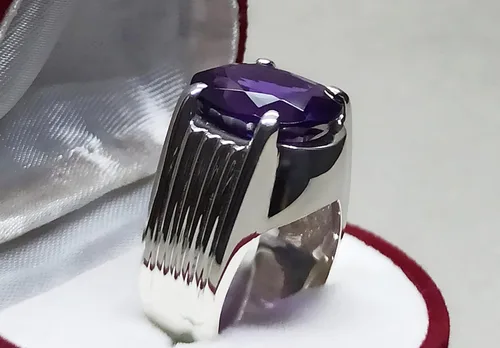 Miniatura 3 de Oval Cut 12 Carat Deep Purple Amethyst Mens Plain Ring Sterling Silver 925 Handmade Amethyst Ring Gift for Him