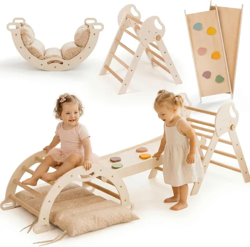 Goodevas Juego de juguetes de escalada 5 en 1 para niños pequeños, triángulo de Pikler, arco de escalada, cojín de equilibrio, gimnasio de escalada