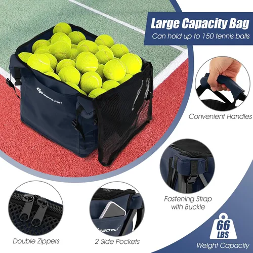 Miniatura 4 de Goplus Tolva plegable para pelotas de tenis, cesta de aluminio ligera con ruedas, bolsa extraíble, bolsillos laterales, bolsa de transporte, carrito