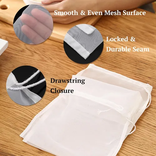 Miniatura 5 de Bolsa de filtro reutilizable de malla fina, filtro de nailon multiusos para preparación de leche de nuez y extracción de jugo, bolsa de filtración