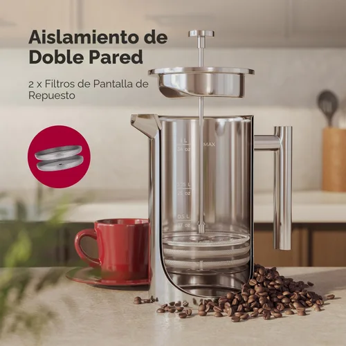 Miniatura 3 de Prensa francesa de doble pared, de acero inoxidable, con acabado de espejo (34 oz) 20% más resistente para café/té: Sistema multipantalla 100% sin