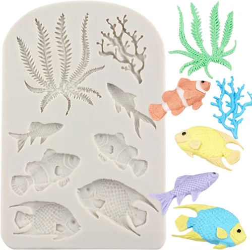 Molde de silicona para fondant, diseño de algas marinas, pescado de mar, coral, para decoración de tartas, decoración de cupcakes, caramelo y goma