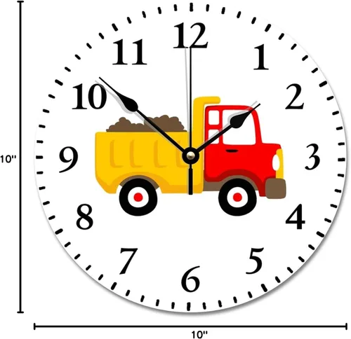 Miniatura 6 de Lindo reloj de pared de camión volquete para habitación de niños, cuarto de bebé, reloj de madera de 10 pulgadas, silencioso, sin tictac, funciona
