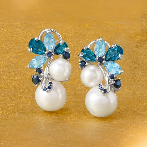 Miniatura 5 de Ross-Simons Pendientes de perlas cultivadas de 0.236-0.335 in y 2,00 qt. t. t. t. de topacio azul cielo y topacio azul Londres con zafiros de 10 qt.