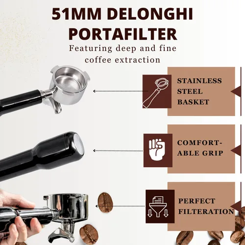 Miniatura 3 de Portafiltro Espresso 51mm con doble salida Compatible con Delonghi Dedica EC680 y EC685 así como modelos de cafetera SMEG y EUPA - Incluye cesta