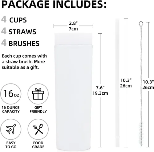 Miniatura 2 de Volhoply Vaso delgado de plástico de 16 onzas con tapa y pajita, paquete de 4 unidades, vasos aislados de doble pared de acrílico mate, sin BPA