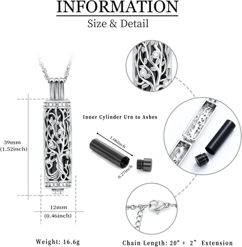 Miniatura 20 de shajwo Joyería de cremación cilíndrica, collar de cenizas de urna del árbol de la vida para mujeres y hombres, vial de cremación de cenizas