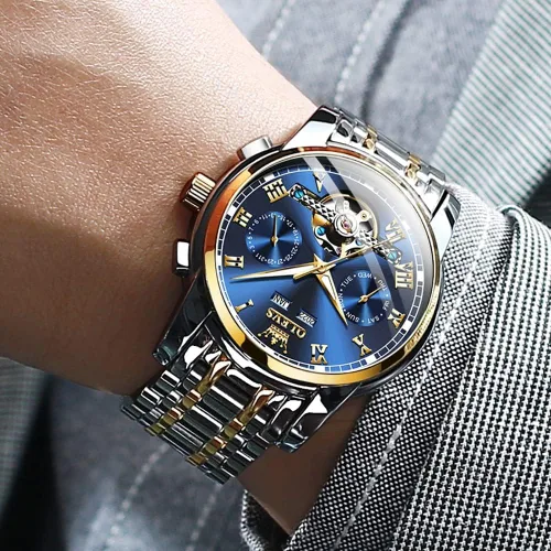 Miniatura 6 de OLEVS Reloj automático para hombre, cuerda automática, mecánica, de lujo, de acero inoxidable, multicalendario, impermeable, luminoso, reloj