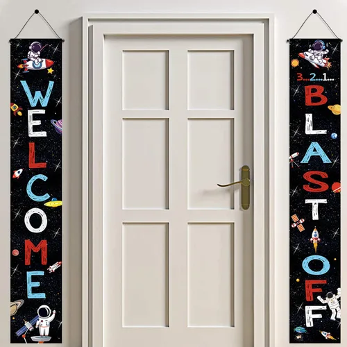 Spaceship Welcome Blast Off Door Banner, cartel de porche y telón de fondo para fiesta de cumpleaños