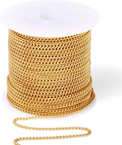 [66 pies/20M] Cadena de bordillo de acero inoxidable chapada en oro de 18 quilates, 2mm, acero inoxidable 304, eslabones trenzados planos, cadenas