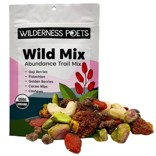 Wilderness Poets, Abundance Wild Mix - Mezcla orgánica de superalimentos crudos (3.25 onzas) de anacardo, pistacho, baya de Goji, cacao, pasas