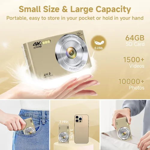 Miniatura 5 de Cámara digital, cámara digital FHD 4K 44MP con enfoque automático con tarjeta SD de 64GB, zoom digital 16X, cámaras doradas para fotografía, cámara