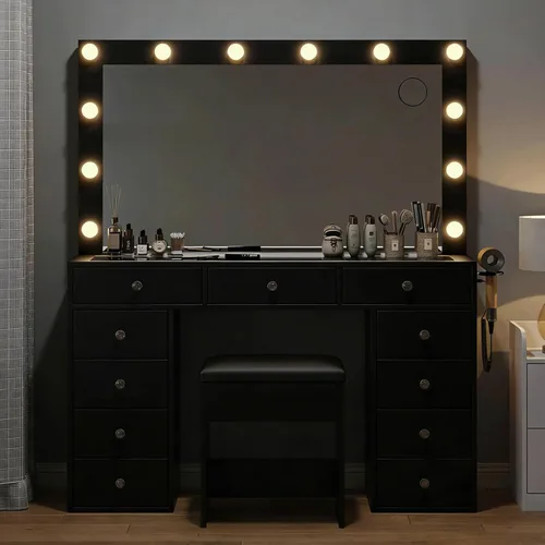 Miniatura 4 de Escritorio negro con espejo iluminado y toma de corriente, mesa de tocador de 11 cajones con silla, tocador de maquillaje con 11 bombillas