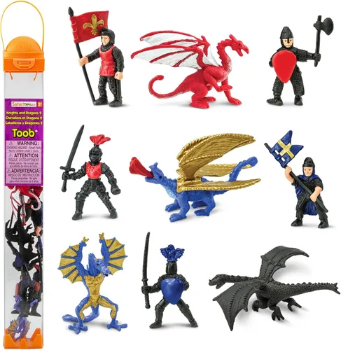 Safari Ltd Knights & Dragons TOOB - 9 mini figuras con caballeros, Drake, Tiamat, Wyvern y Peluda Dragon, figuras de juguete para niños, niñas y