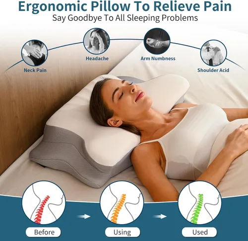 Miniatura 3 de Ylekto Almohada cervical para el cuello para aliviar el dolor, almohada ergonómica para dormir de lado para dormir, almohadas de espuma Gris claro