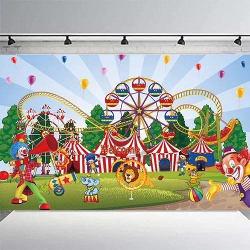 Miniatura 7 de Telón de fondo grande de carnaval de circo con 70.8 x 43.3 pulgadas, telón de fondo de fotografía de bienvenida a la pancarta de carnaval para Azul