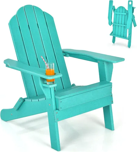 Miniatura 13 de Giantex Adirondack - Silla plegable para exteriores, silla de patio resistente a la intemperie de HDPE con soporte integrado para tazas, silla