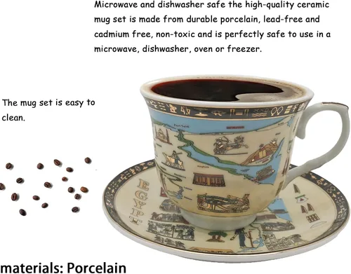 Miniatura 7 de Juego de tazas y platillos de café expreso de cerámica dorada egipcia, taza Demitasse de 3.4 oz/3.4 fl oz, regalo de porcelana para cumpleaños