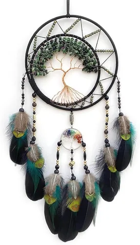 Miniatura 7 de Árbol de la vida negro de 7 chakras, decoración de pared con piedra de cristal curativo arco iris, hecho a mano, plumas, atrapasueños, adorno
