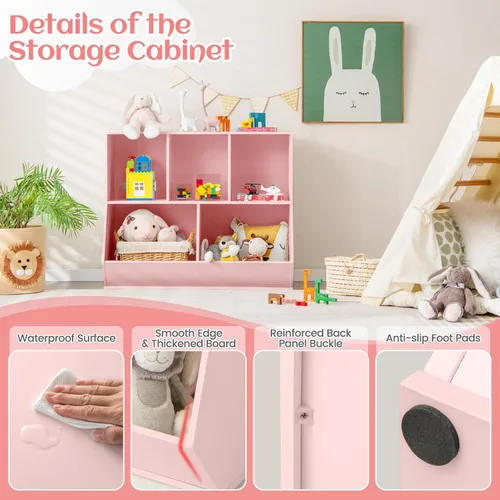 Miniatura 8 de Costzon Organizadores de juguetes y almacenamiento con estantería, estante de madera para libros infantiles de 5 cubículos, gabinete de Rosado