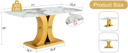 Miniatura 8 de A Modern Minimalist Dining Table. Imitation Marbled Glass Tabletop. Gold Table Legs for Kitchen and Living Room