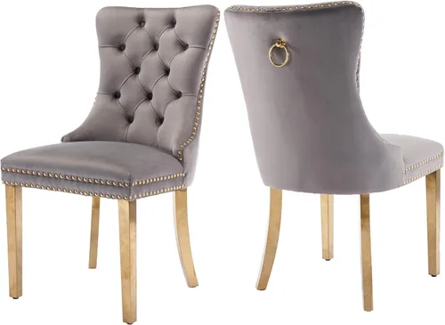 Miniatura 22 de Juego de 2 sillas de comedor, sillas de comedor tapizadas con tirador de anillo trasero, ribete de cabeza de clavo y patas de acero inoxidable Gris