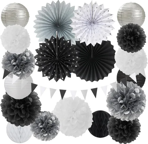Miniatura 8 de Decoraciones de Fiesta de Navidad Rojo Verde-Blanco - 20 piezas Farolillos de Papel Mexicanos Italianos Abanicos, Pompones de Papel de Seda, Bolas